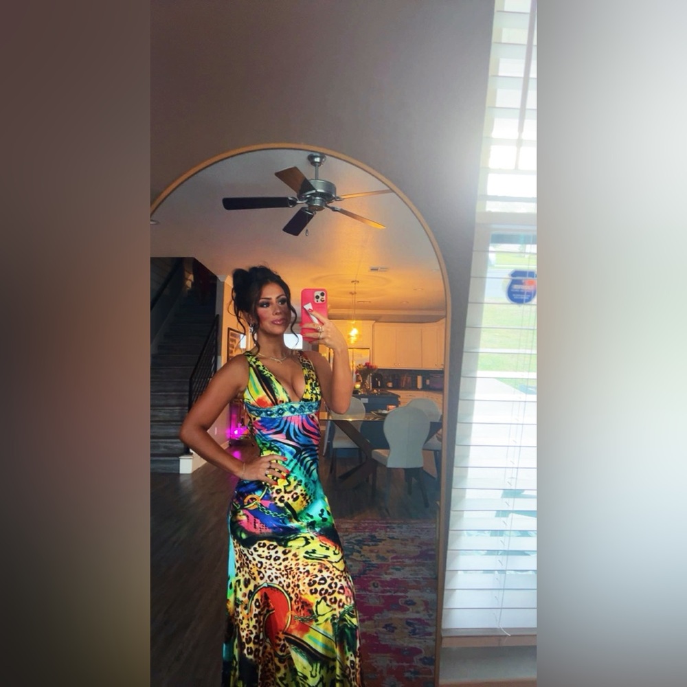 Mary L. Couture formal dress.              Vibrant Multicolor Animal Print Dress